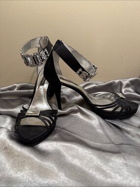 Nina Black Strappy Heels with Red Lining and Crystal Anklet